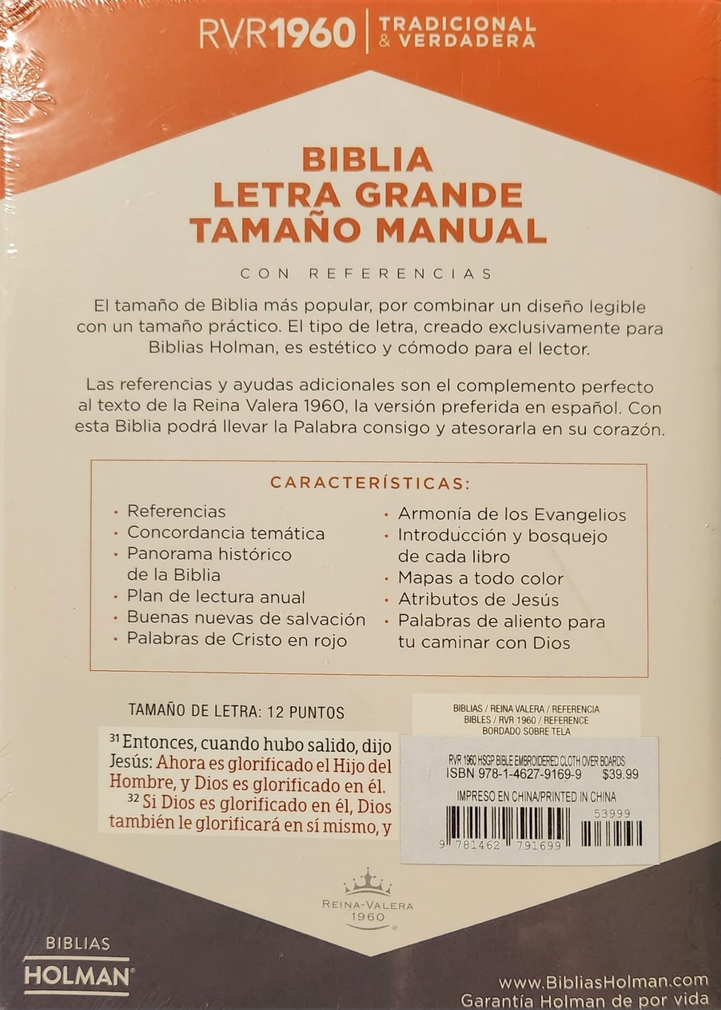 Biblia RVR 1960 Letra Grande Tamaño - Manual Bordado Sobre Tela